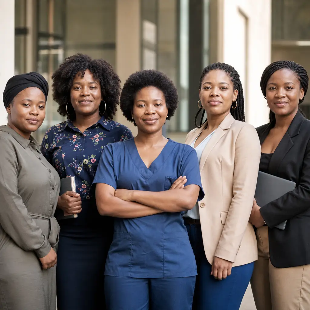 Confident South African women workers standing together for equal pay