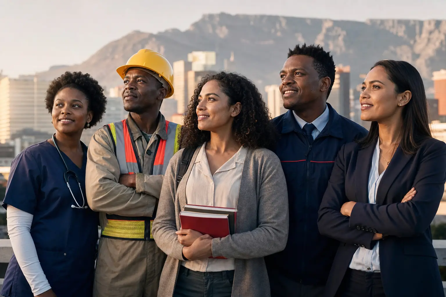 Diverse South African workers from different industries standing together in solidarity
